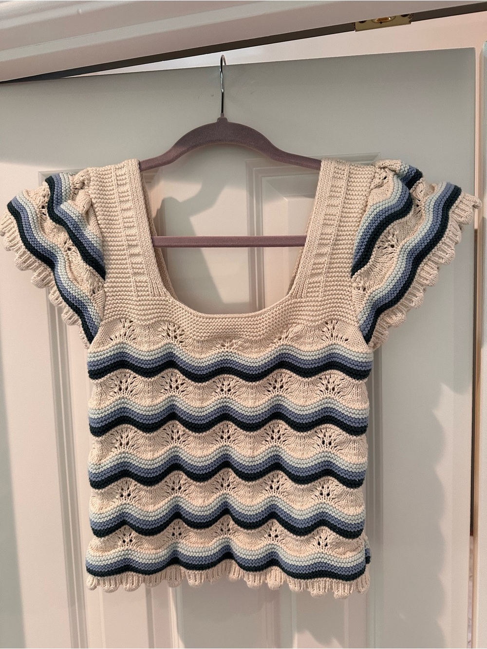 Women’s Cream Knit Square-Neck Festival Top with Blue Stripe Accent